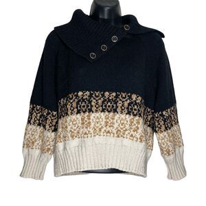 St John Sweater Womens Large Black Gold Crop Wool Blend Buttons Shawl Collar Lux
